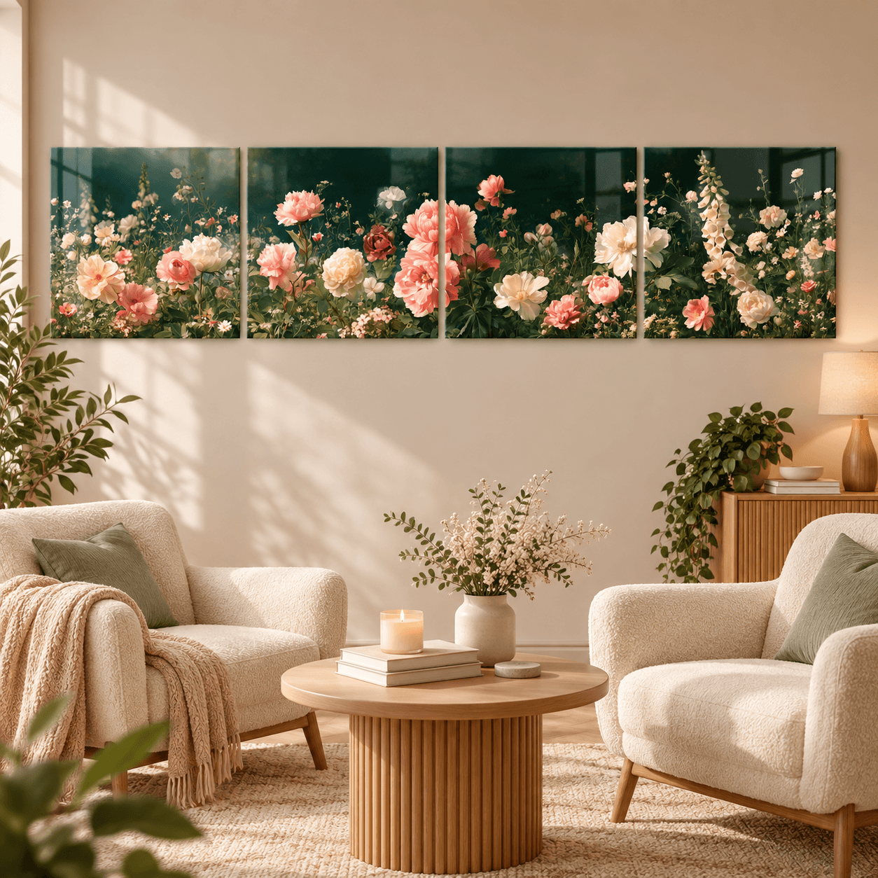 Dark green floral glass panels above two cream armchairs flanking a round wood coffee table